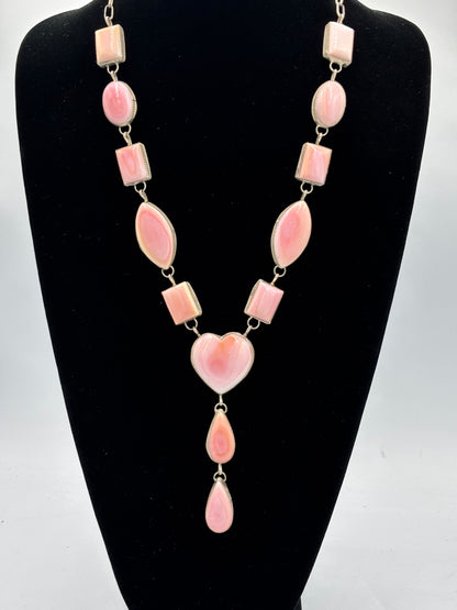 Pink Conch #101-30 Heart Lariat Necklace Set by Levi Hoskie, Navajo