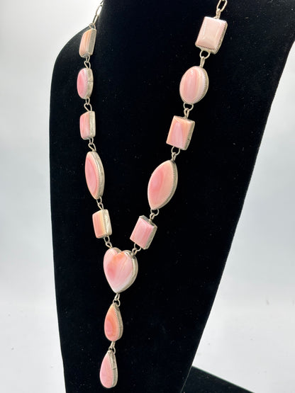 Pink Conch #101-30 Heart Lariat Necklace Set by Levi Hoskie, Navajo