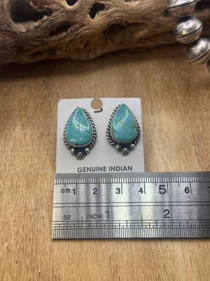 Kingman Turquoise Stud Earrings C by Chassity Belone, Navajo