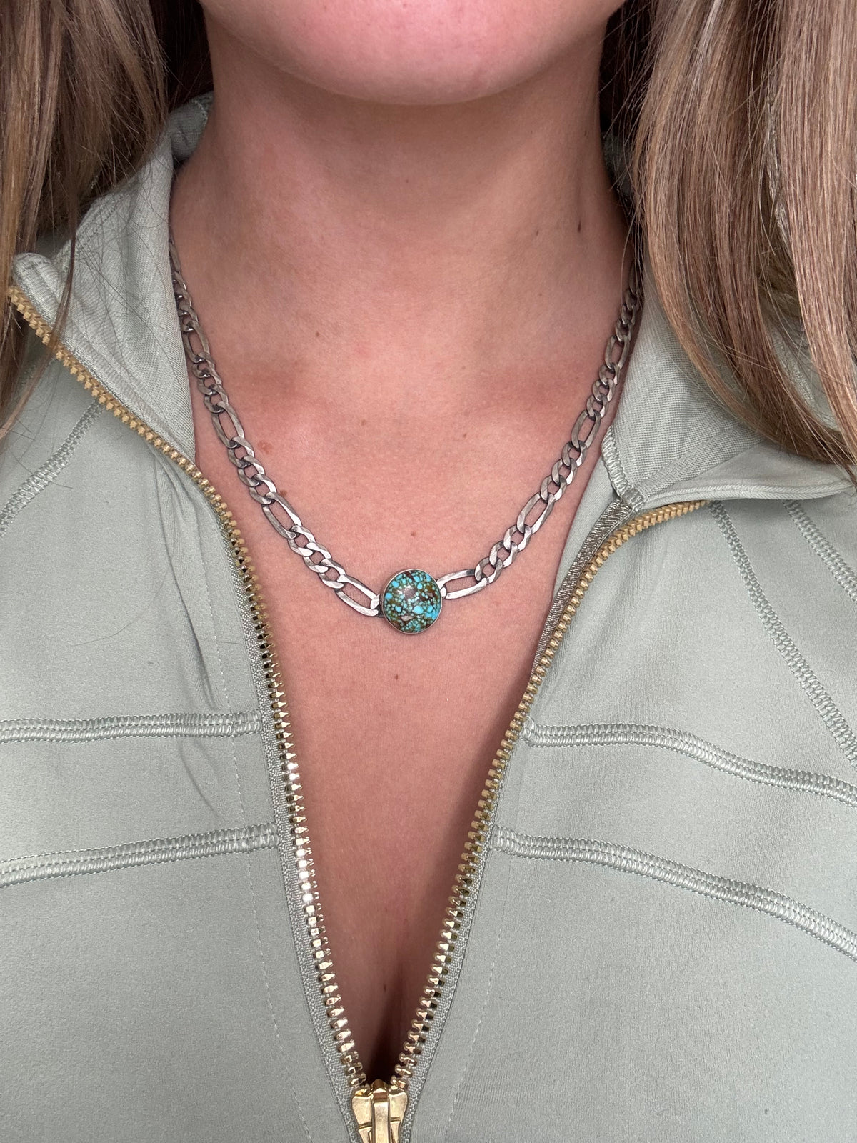 Polychrome Webbed #101-2 Kingman Turquoise Figaro Chain Necklace