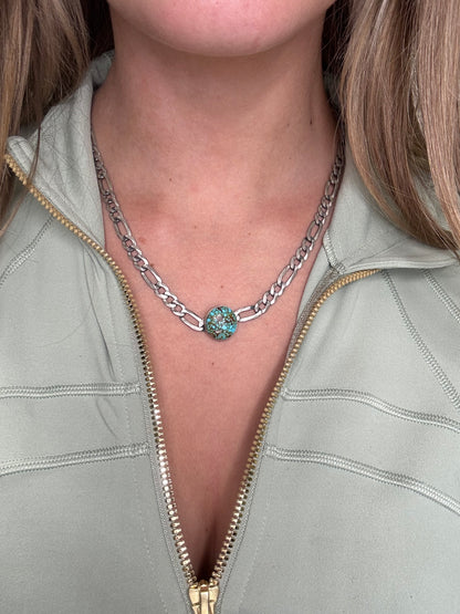Polychrome Webbed #101-2 Kingman Turquoise Figaro Chain Necklace
