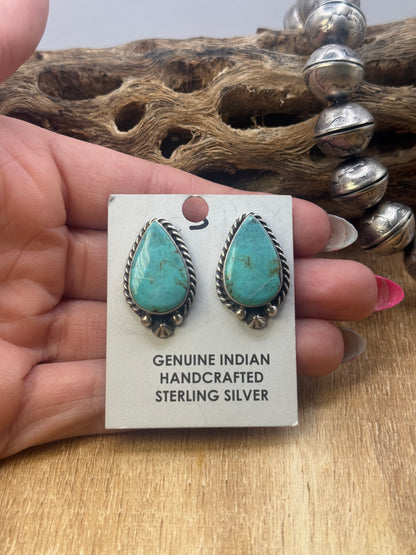 Kingman Turquoise Stud Earrings C by Chassity Belone, Navajo