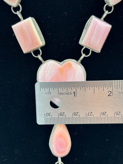 Pink Conch #101-30 Heart Lariat Necklace Set by Levi Hoskie, Navajo