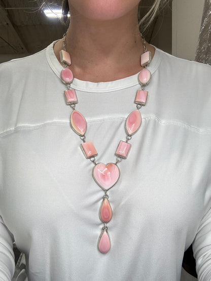 Pink Conch #101-30 Heart Lariat Necklace Set by Levi Hoskie, Navajo