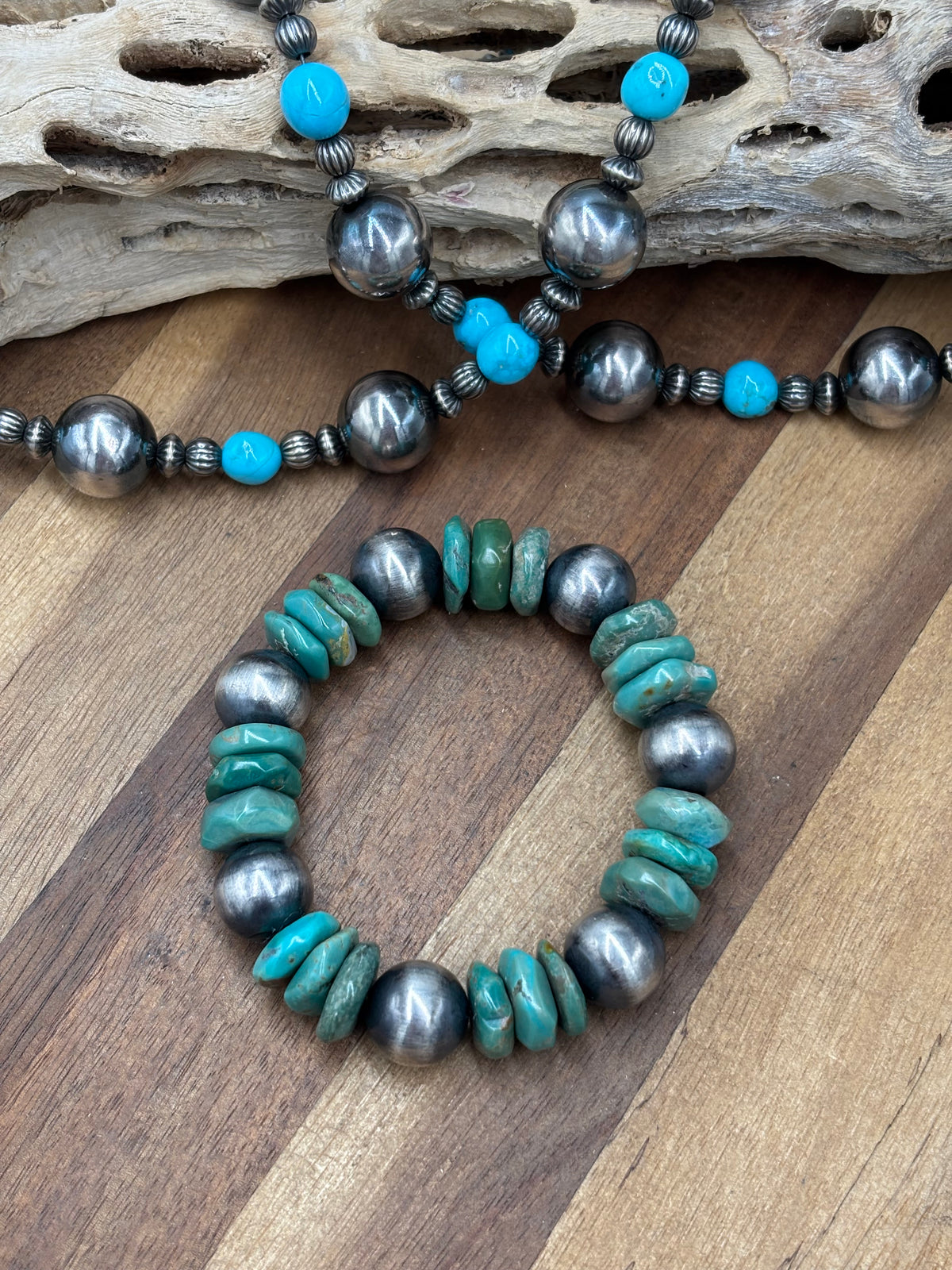 12mm #101-29 Sterling Silver Pearl & Turquoise Stretchy Bracelet