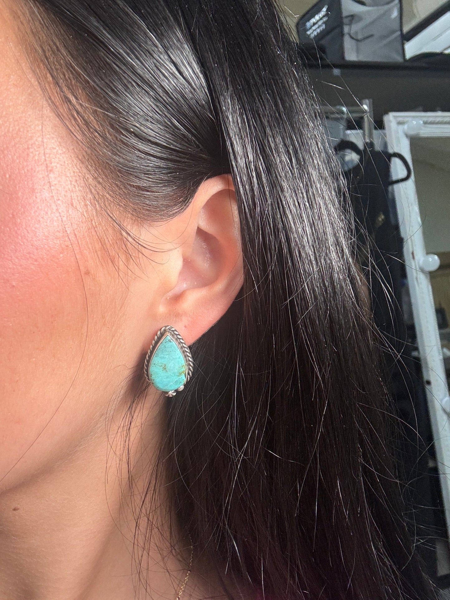 Kingman Turquoise Stud Earrings C by Chassity Belone, Navajo