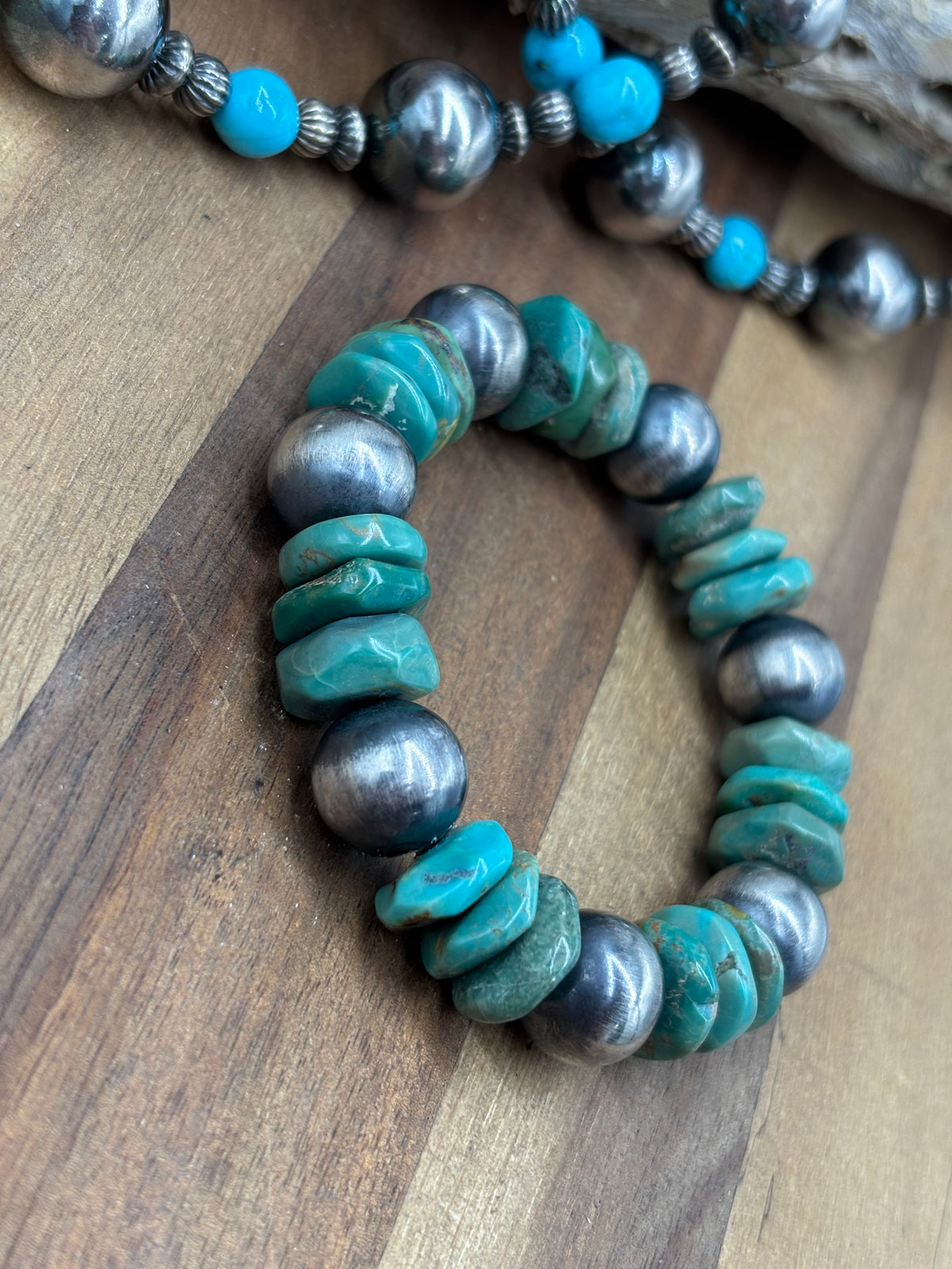 12mm #101-29 Sterling Silver Pearl & Turquoise Stretchy Bracelet