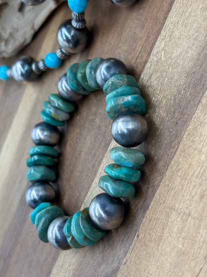 12mm #101-29 Sterling Silver Pearl & Turquoise Stretchy Bracelet