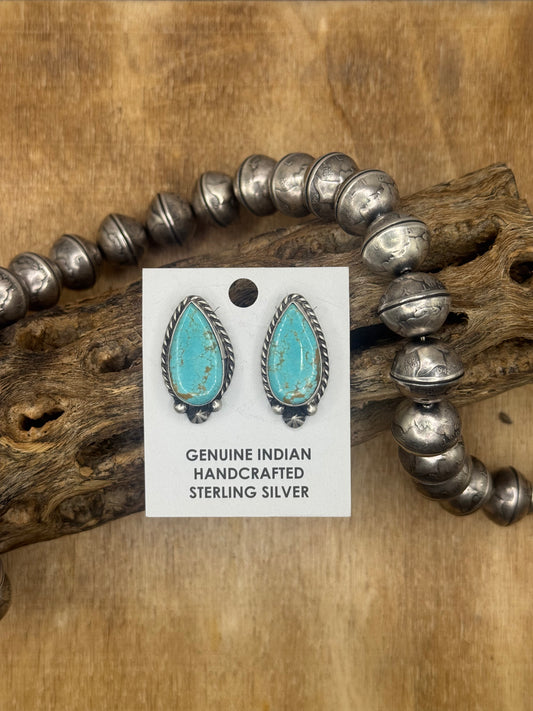 Kingman Turquoise Stud Earrings D by Chassity Belone, Navajo