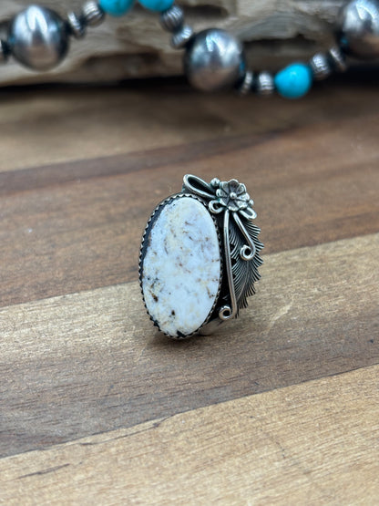 White Buffalo #101-3 Squash Blossom, Earrings, Ring, & Cuff Set