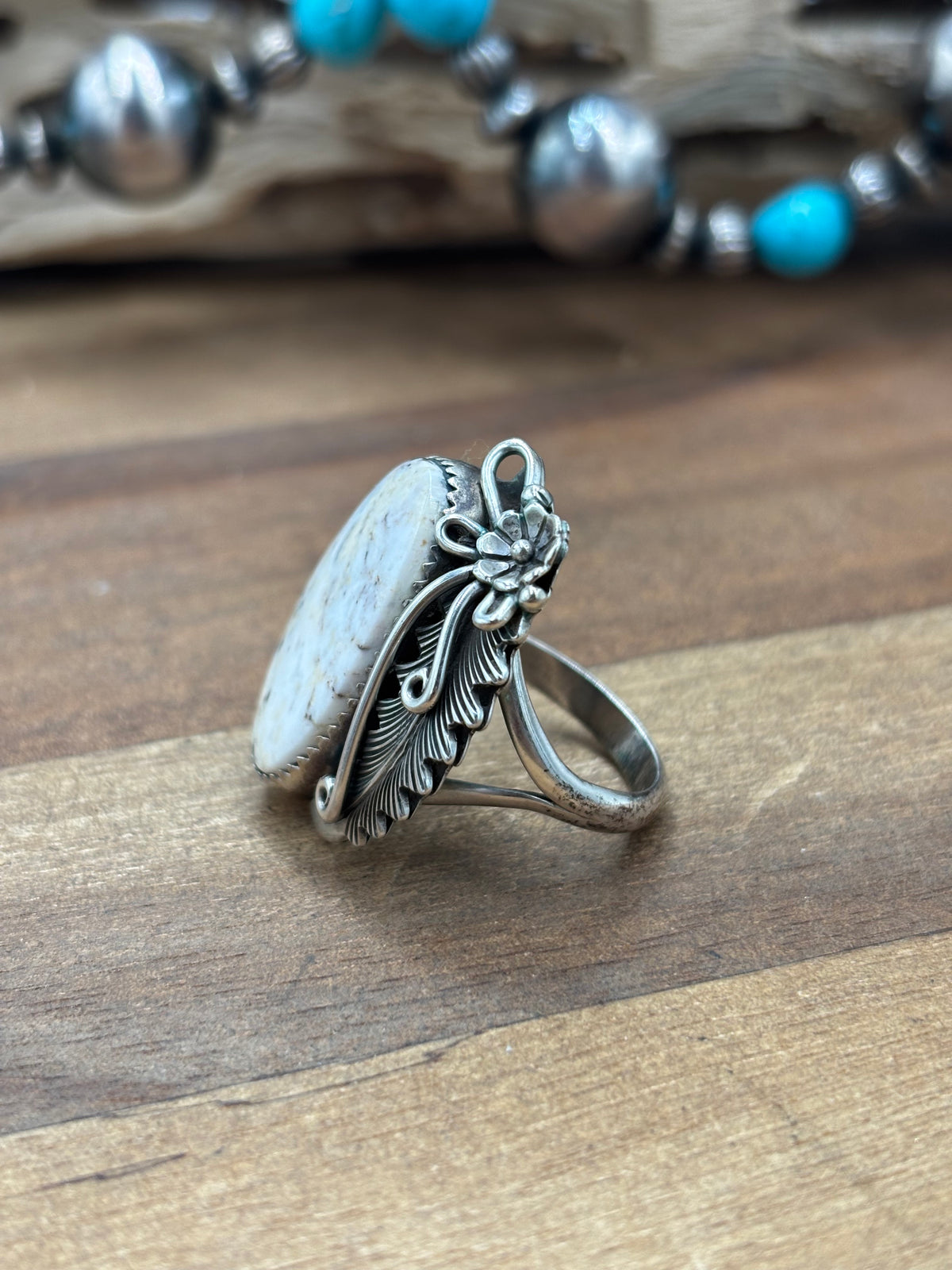 White Buffalo #101-3 Squash Blossom, Earrings, Ring, & Cuff Set