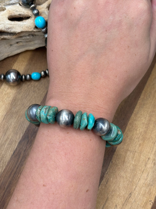 12mm #101-29 Sterling Silver Pearl & Turquoise Stretchy Bracelet