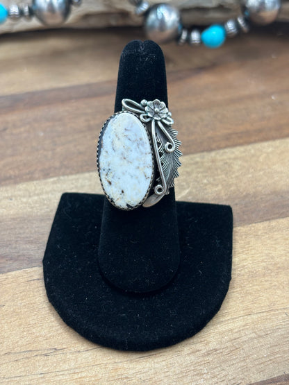 White Buffalo #101-3 Squash Blossom, Earrings, Ring, & Cuff Set