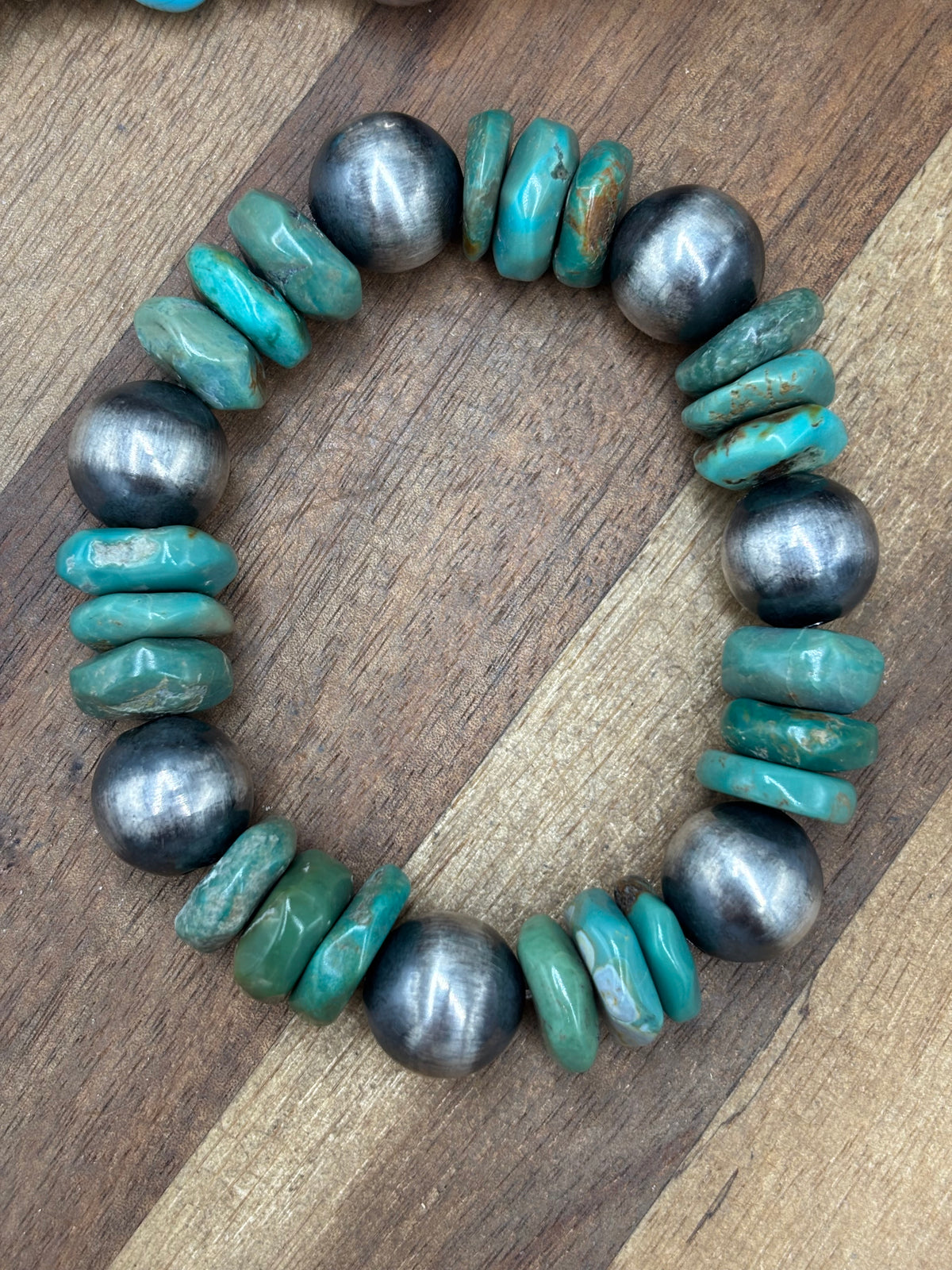 12mm #101-29 Sterling Silver Pearl & Turquoise Stretchy Bracelet