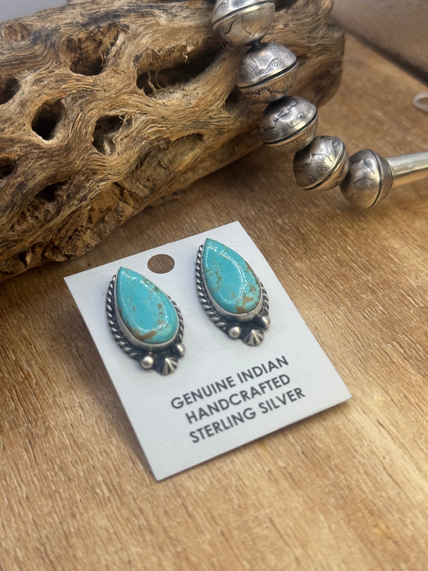 Kingman Turquoise Stud Earrings D by Chassity Belone, Navajo