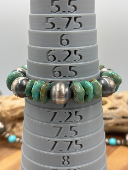 12mm #101-29 Sterling Silver Pearl & Turquoise Stretchy Bracelet