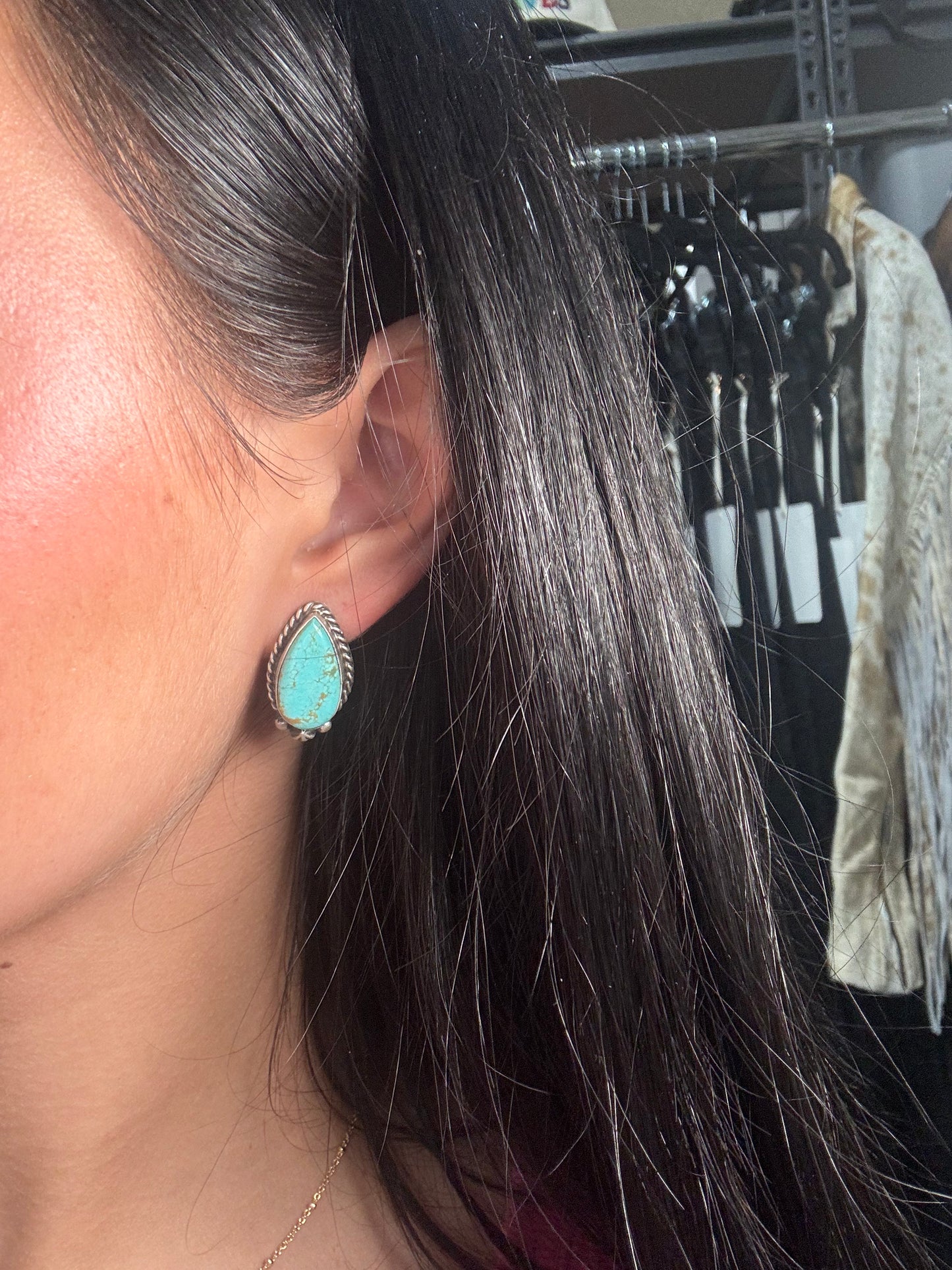 Kingman Turquoise Stud Earrings D by Chassity Belone, Navajo