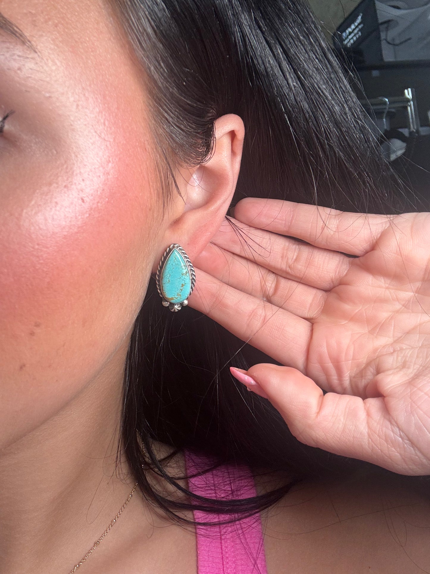 Kingman Turquoise Stud Earrings D by Chassity Belone, Navajo