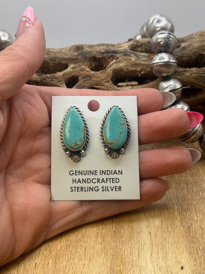 Kingman Turquoise Stud Earrings D by Chassity Belone, Navajo