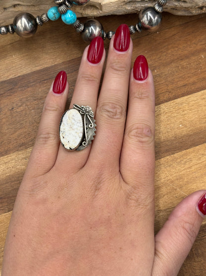 White Buffalo #101-3 Squash Blossom, Earrings, Ring, & Cuff Set