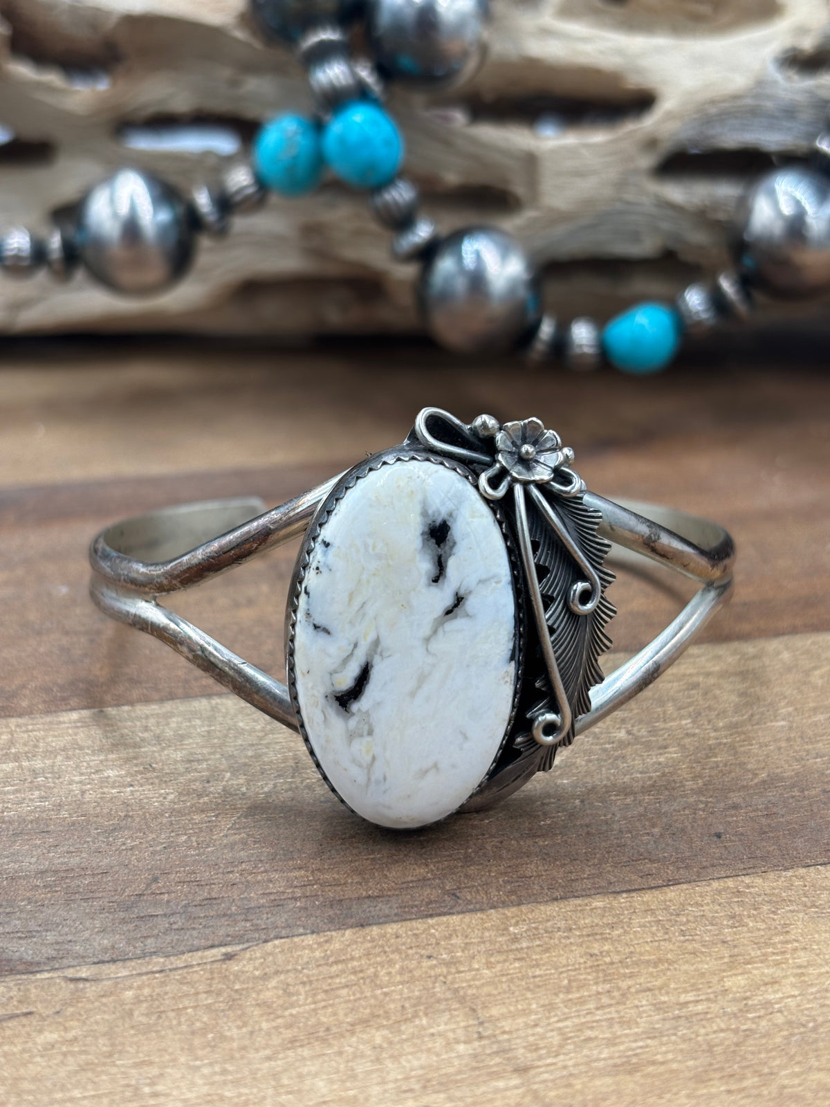 White Buffalo #101-3 Squash Blossom, Earrings, Ring, & Cuff Set