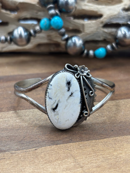 White Buffalo #101-3 Squash Blossom, Earrings, Ring, & Cuff Set