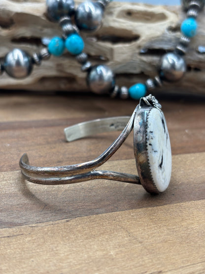 White Buffalo #101-3 Squash Blossom, Earrings, Ring, & Cuff Set