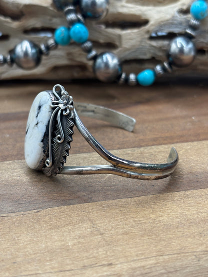 White Buffalo #101-3 Squash Blossom, Earrings, Ring, & Cuff Set