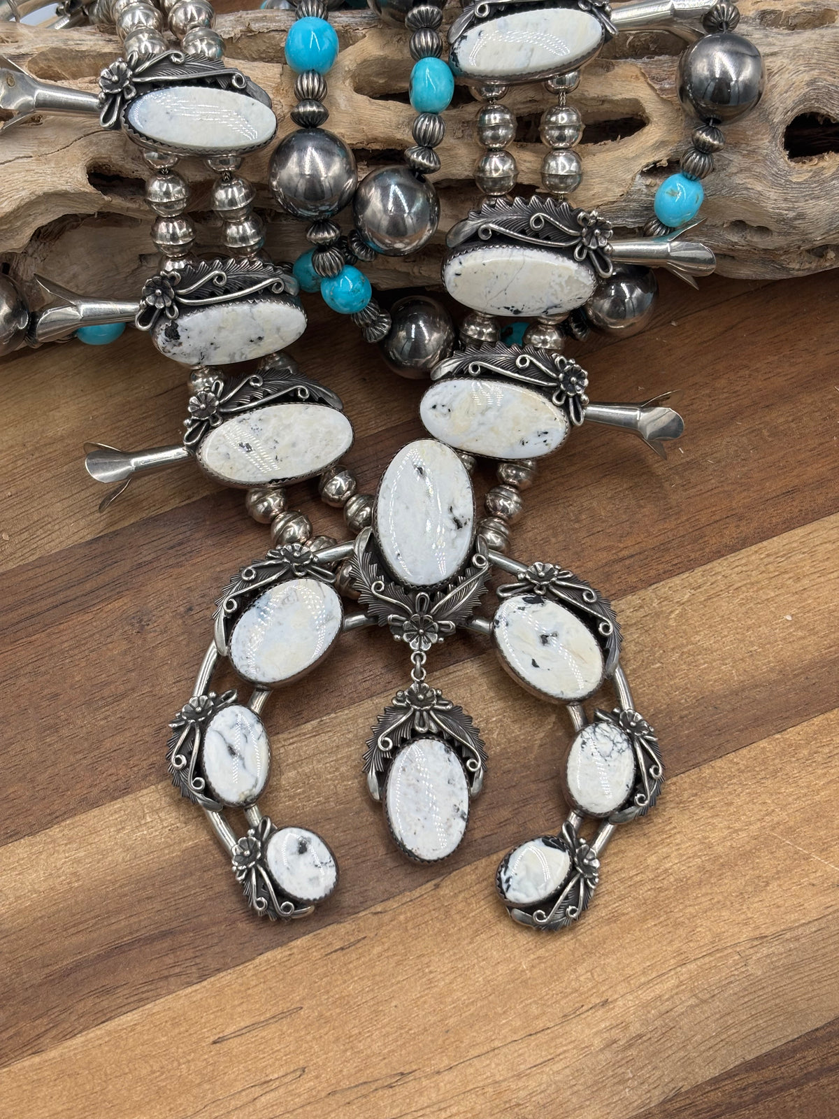 White Buffalo #101-3 Squash Blossom, Earrings, Ring, & Cuff Set