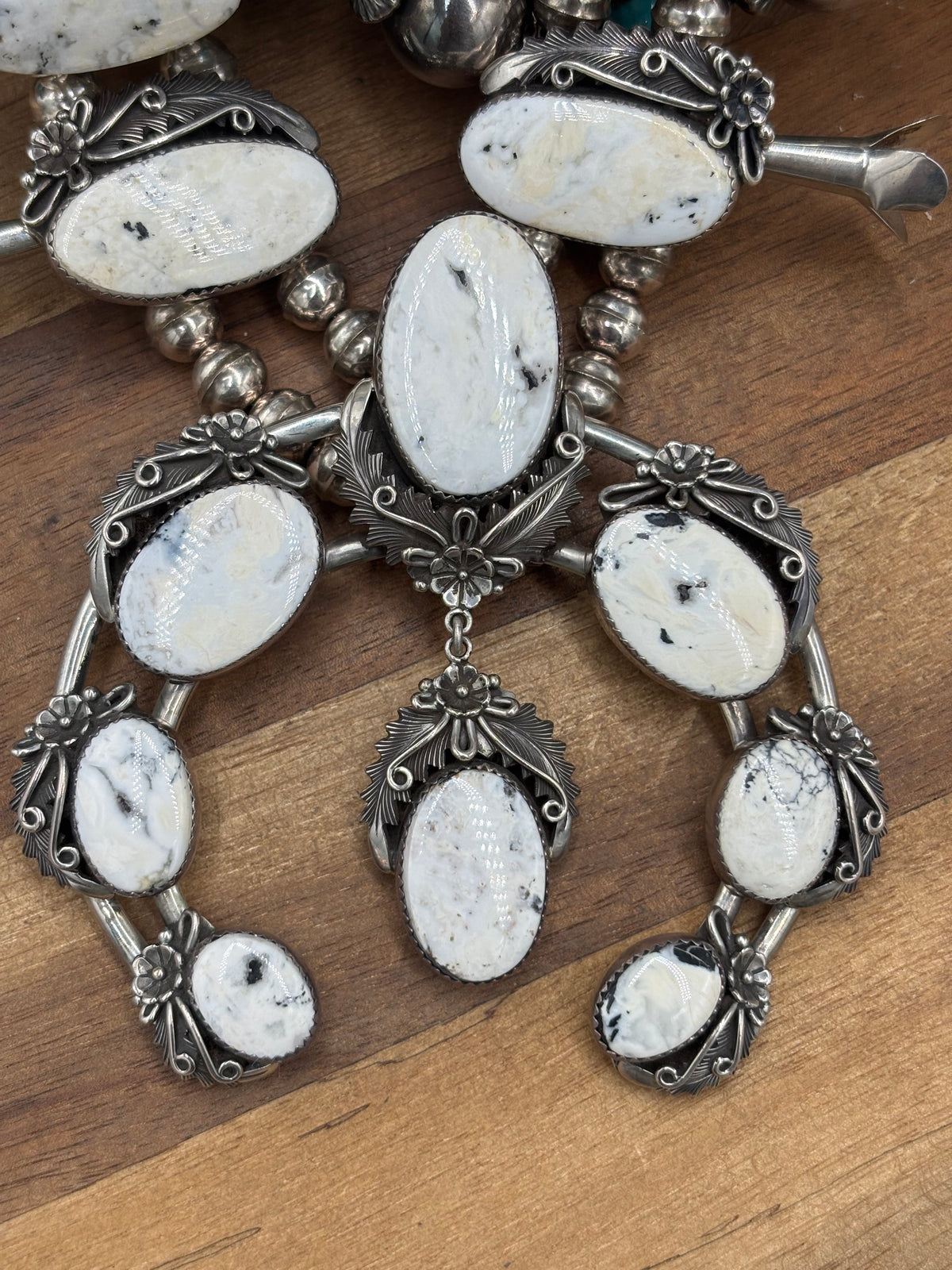 White Buffalo #101-3 Squash Blossom, Earrings, Ring, & Cuff Set
