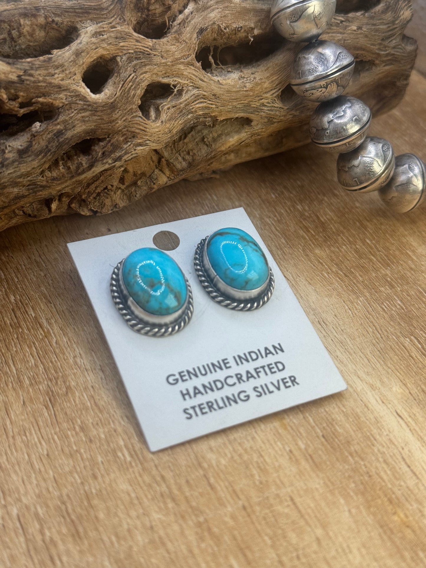 Kingman Turquoise Stud Earrings A by Judith Dixon, Navajo