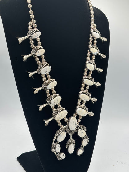 White Buffalo #101-3 Squash Blossom, Earrings, Ring, & Cuff Set
