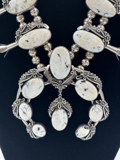 White Buffalo #101-3 Squash Blossom, Earrings, Ring, & Cuff Set