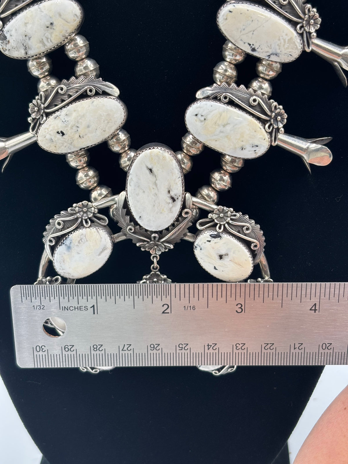 White Buffalo #101-3 Squash Blossom, Earrings, Ring, & Cuff Set