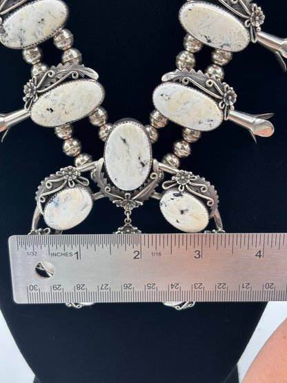 White Buffalo #101-3 Squash Blossom, Earrings, Ring, & Cuff Set