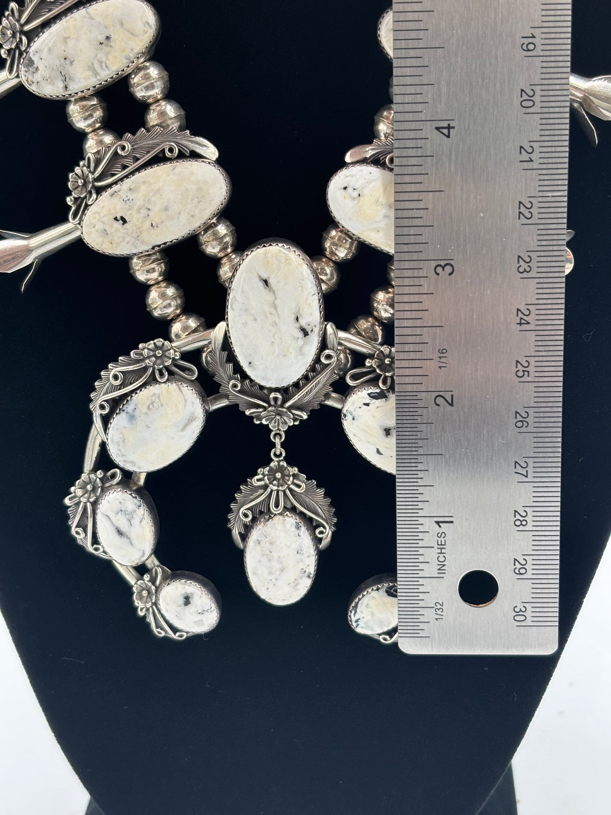 White Buffalo #101-3 Squash Blossom, Earrings, Ring, & Cuff Set