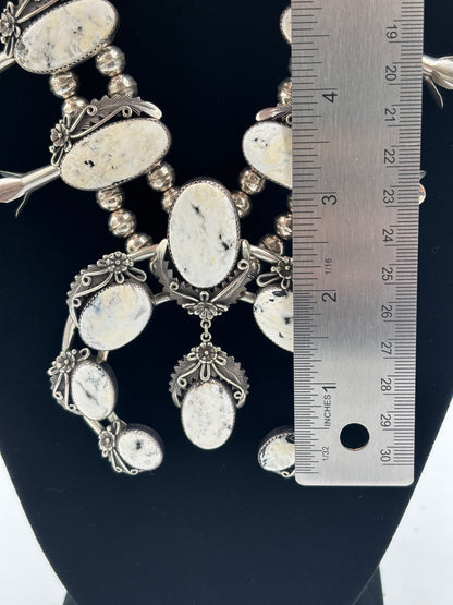 White Buffalo #101-3 Squash Blossom, Earrings, Ring, & Cuff Set