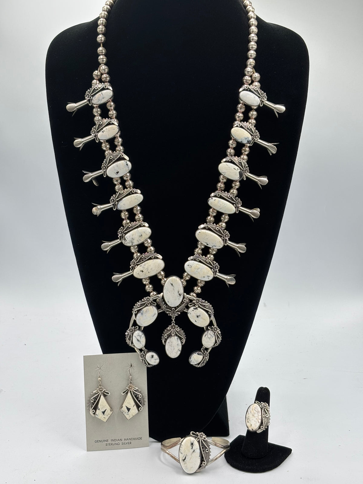 White Buffalo #101-3 Squash Blossom, Earrings, Ring, & Cuff Set