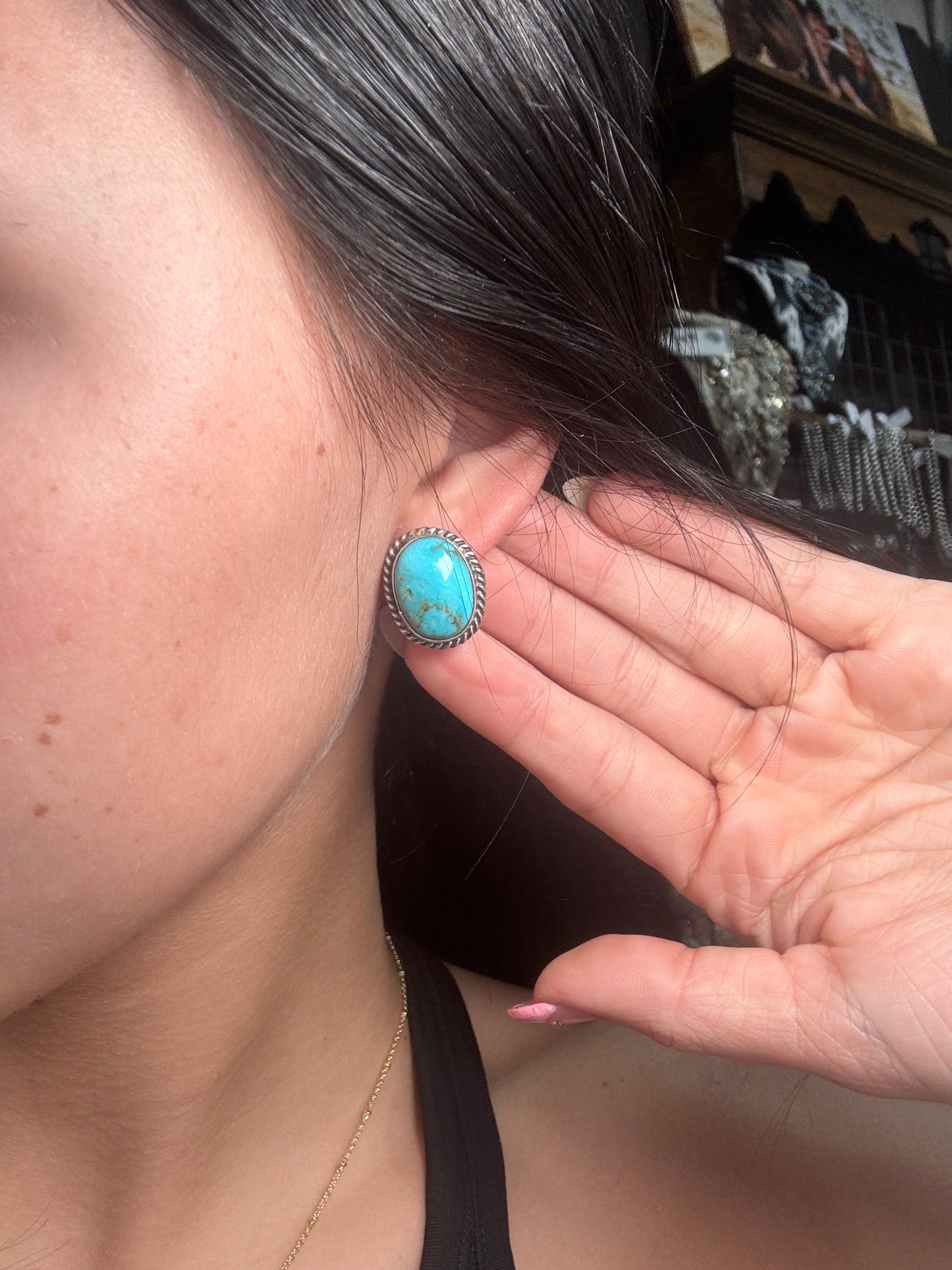 Kingman Turquoise Stud Earrings A by Judith Dixon, Navajo