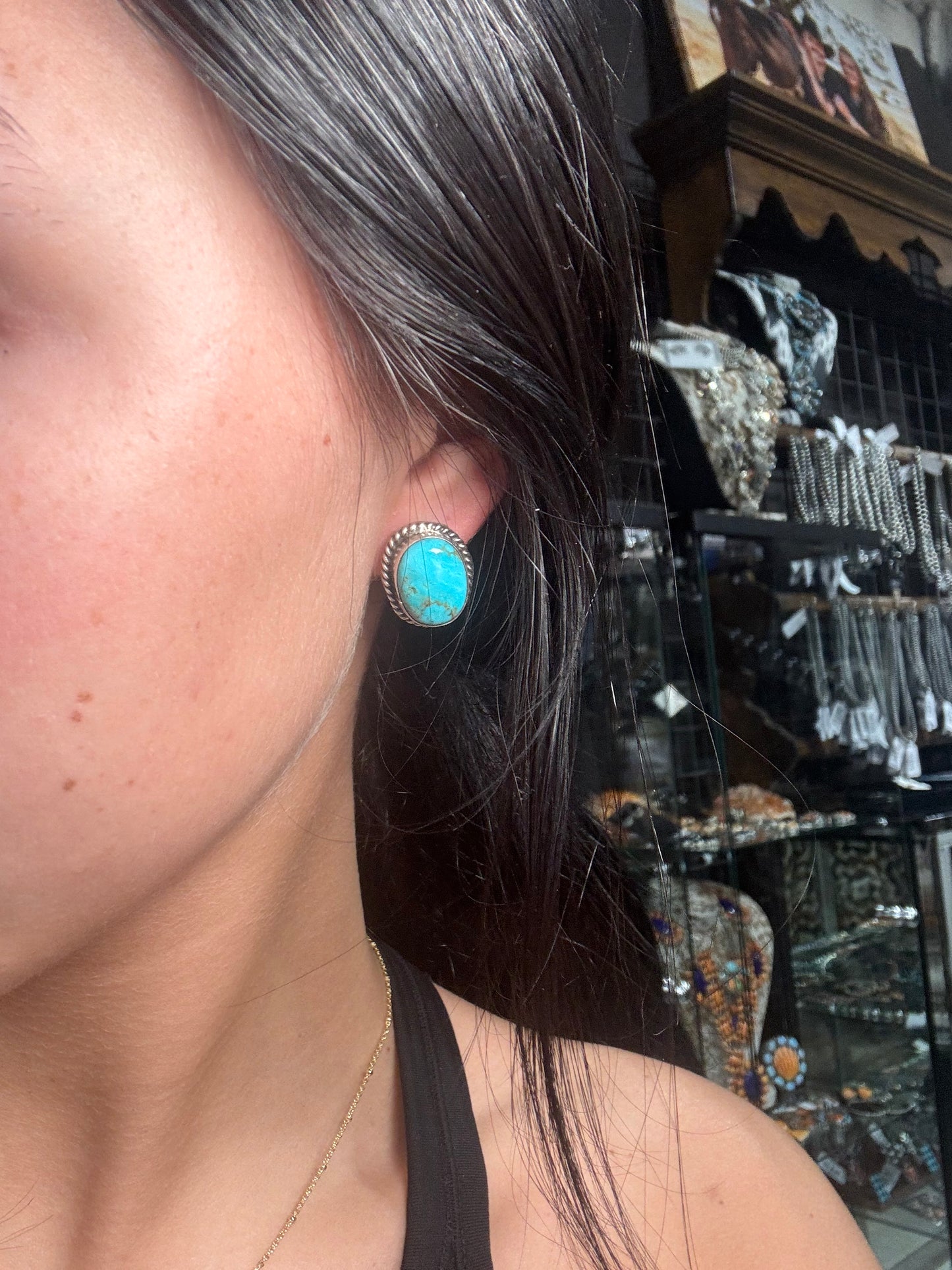 Kingman Turquoise Stud Earrings A by Judith Dixon, Navajo
