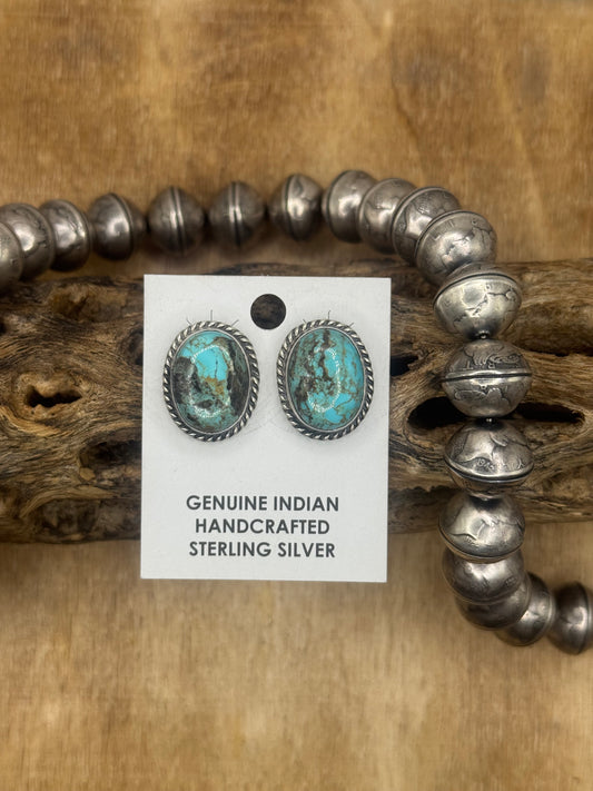Kingman Turquoise Stud Earrings C by Judith Dixon, Navajo
