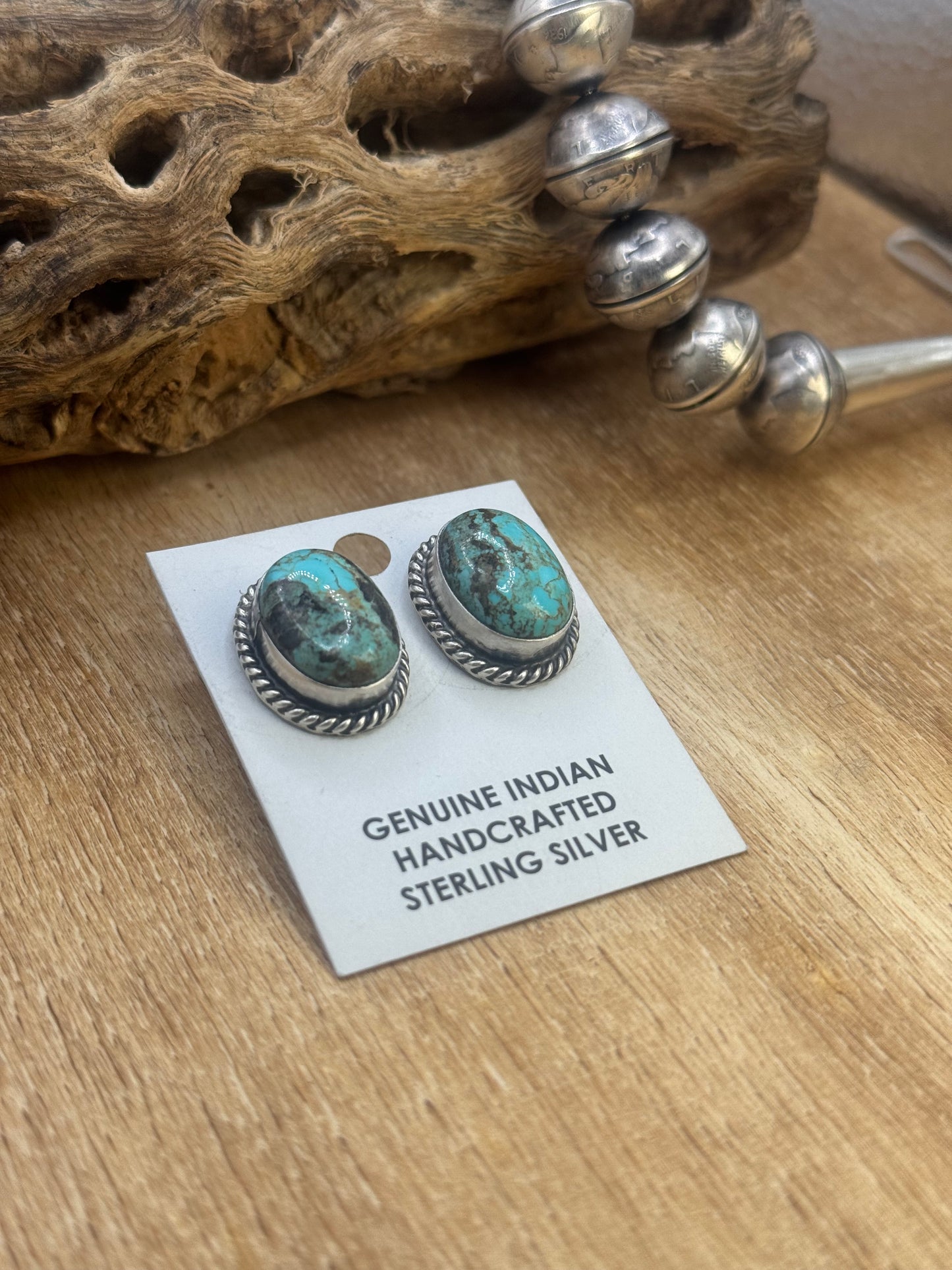 Kingman Turquoise Stud Earrings C by Judith Dixon, Navajo