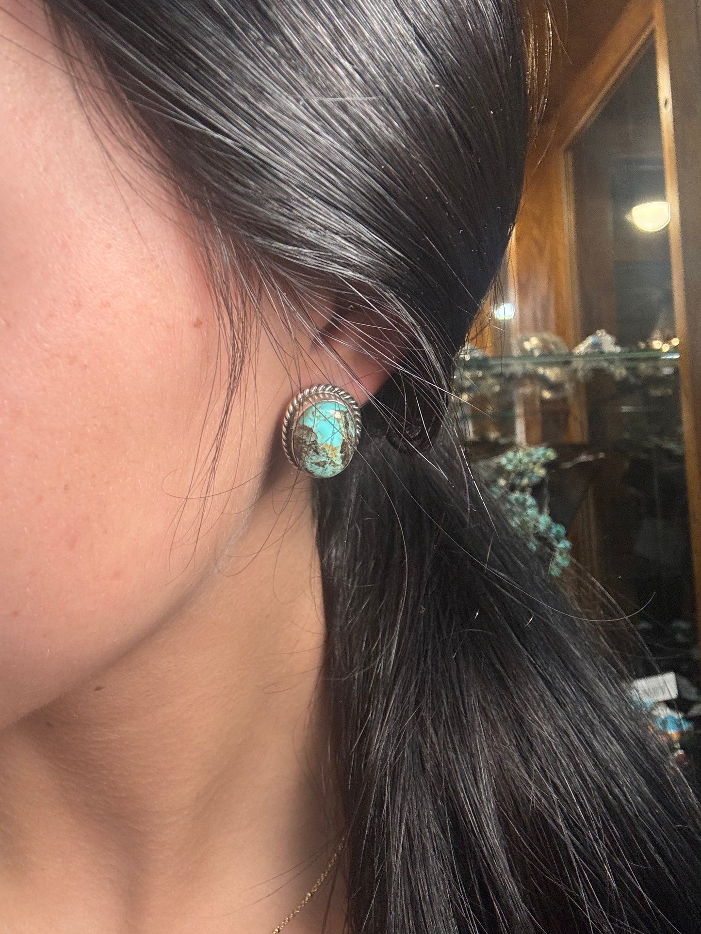 Kingman Turquoise Stud Earrings C by Judith Dixon, Navajo