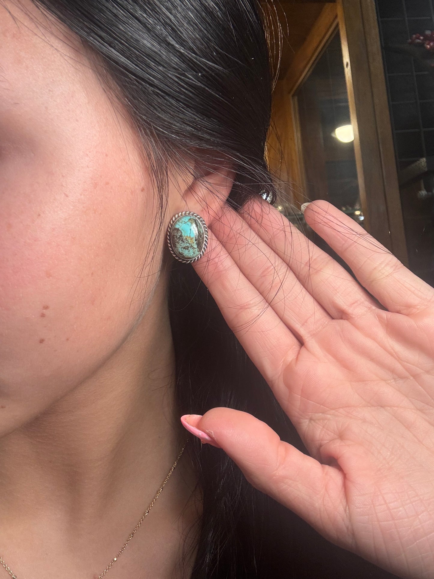Kingman Turquoise Stud Earrings C by Judith Dixon, Navajo