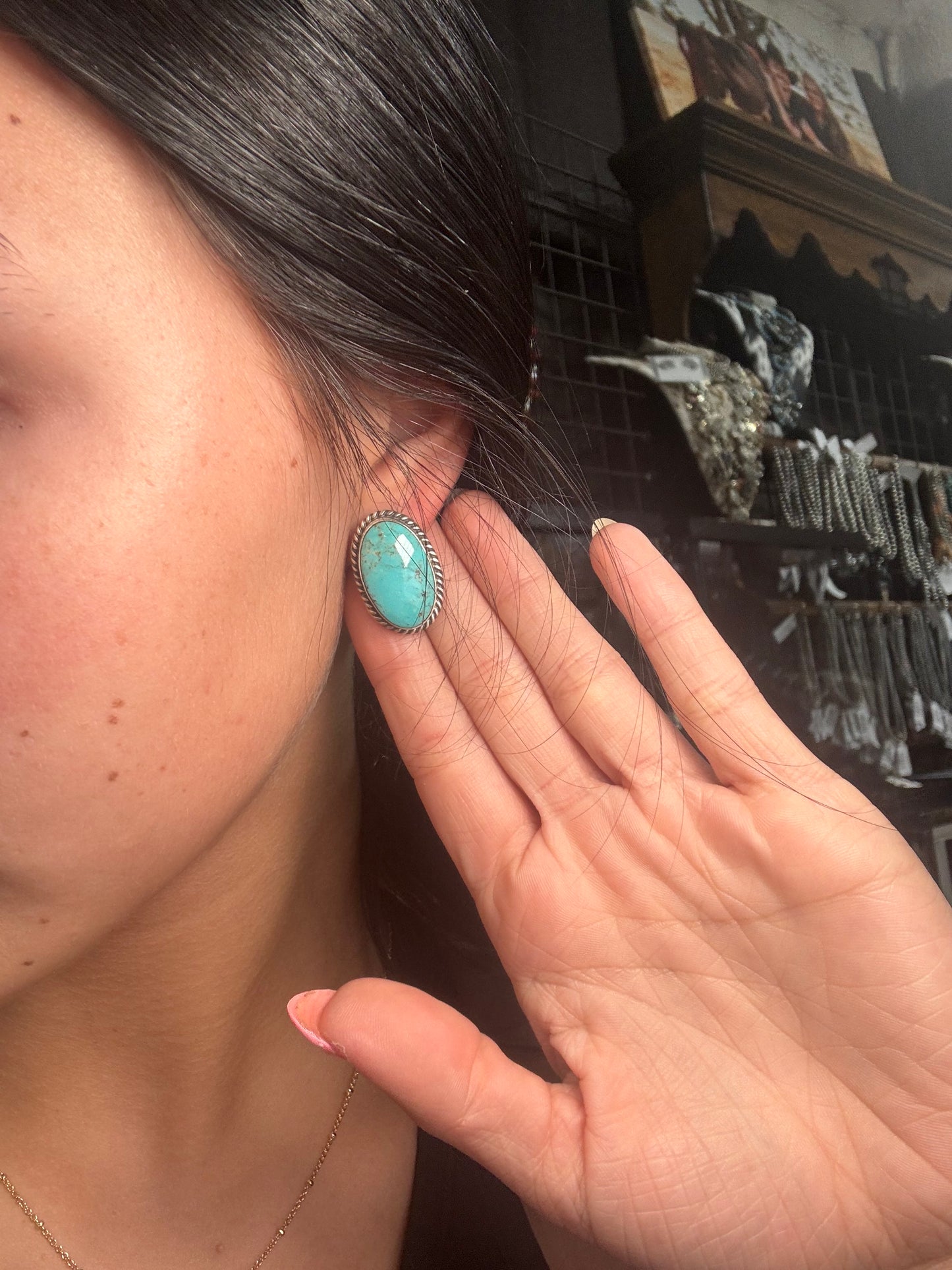 Kingman Turquoise Stud Earrings #C2 by Judith Dixon, Navajo