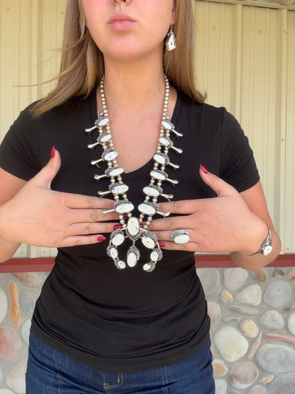 White Buffalo #101-3 Squash Blossom, Earrings, Ring, & Cuff Set