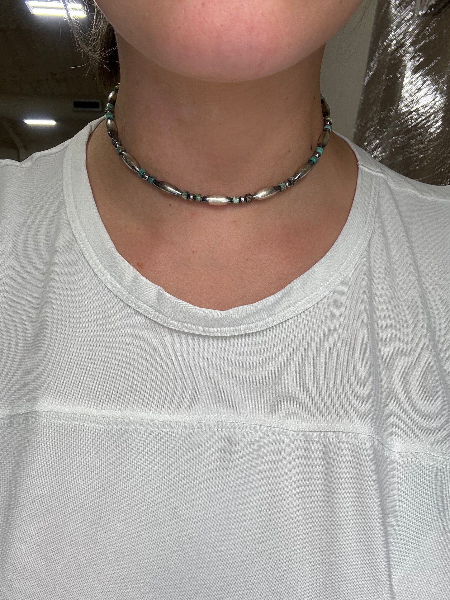 14" Torpedo #101-17 & Turquoise Sterling Silver Pearl Necklace