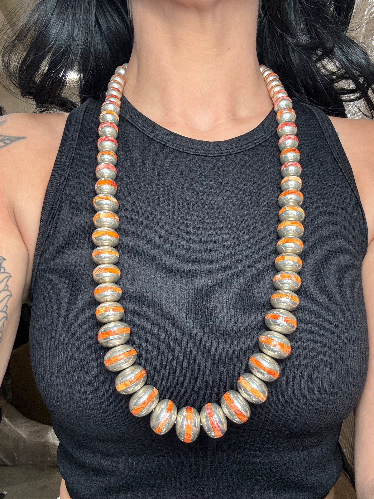 Red & Orange Spiny #917-30 Inlayed Sterling Silver Pearls by Federico Jimenez