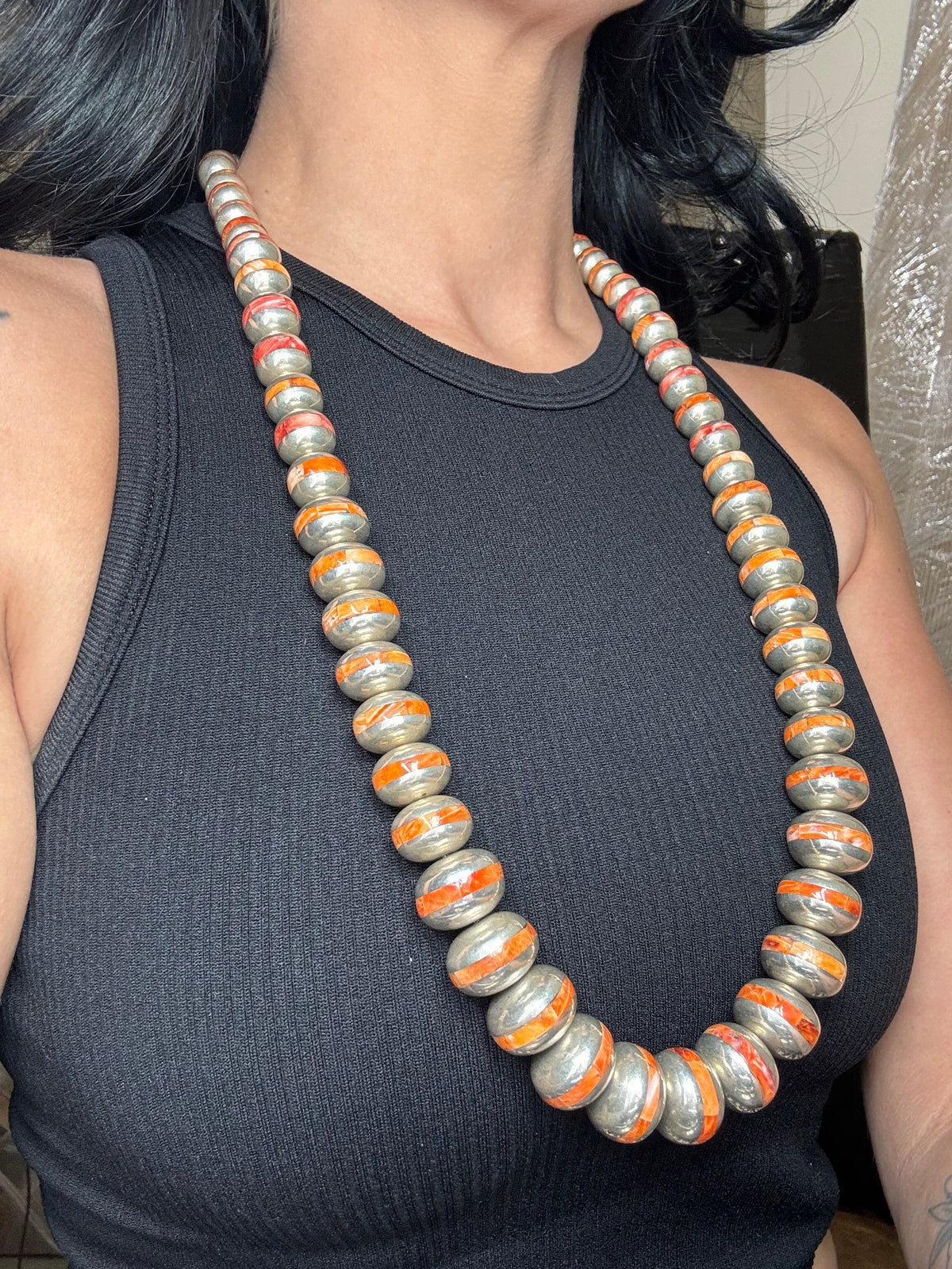 Red & Orange Spiny #917-30 Inlayed Sterling Silver Pearls by Federico Jimenez