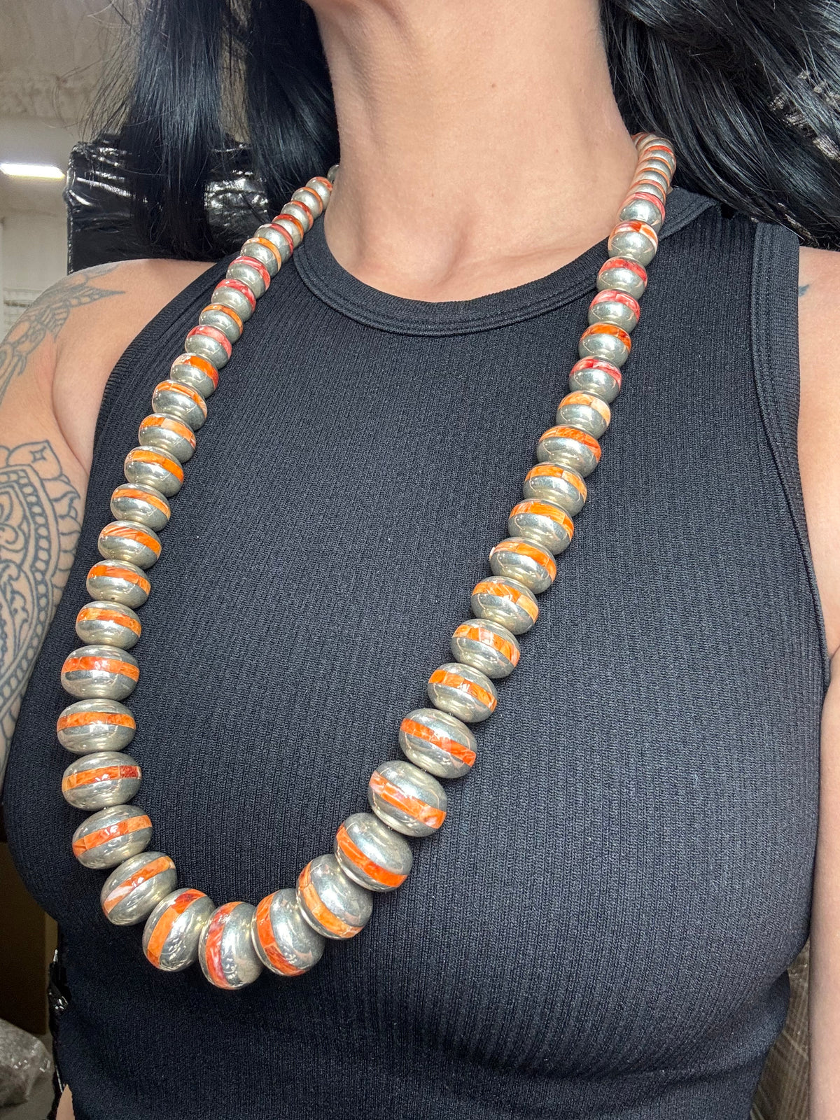Red & Orange Spiny #917-30 Inlayed Sterling Silver Pearls by Federico Jimenez